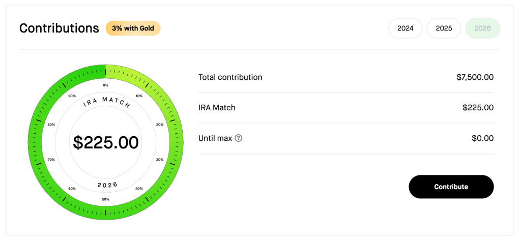 Robinhood app showing a successful $7,500 Roth IRA contribution from a 529 plan.