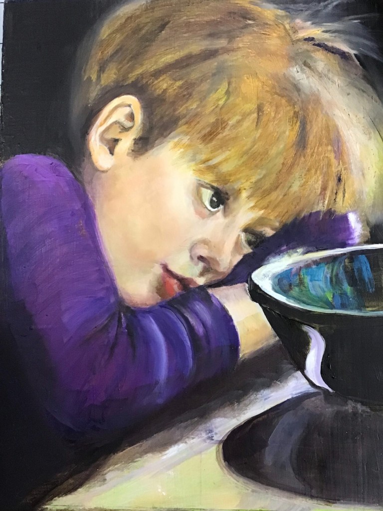 Painting by Teresa Regil of a child in a purple top leaning beside a bowl, titled When Is the Ice Cream Coming