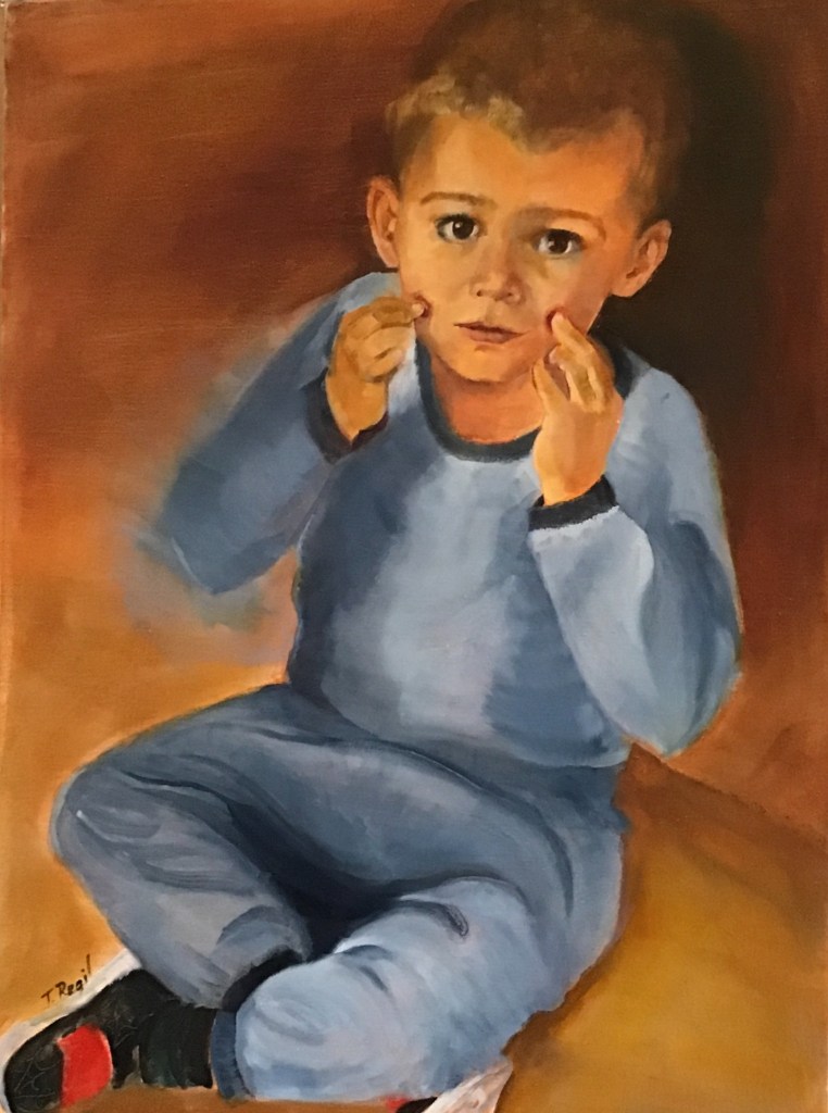 Painting by Teresa Regil of a young child dressed in blue and touching both cheeks, titled Raisins on My Cheeks