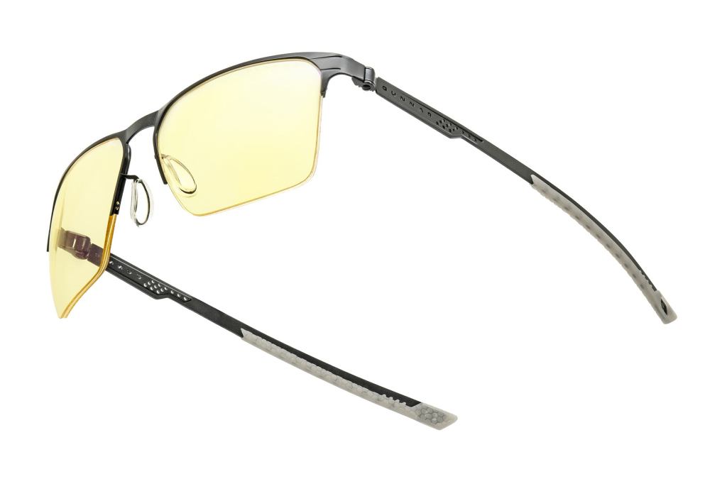 GUNNAR Echo Onyx gaming glasses with yellow-amber lenses, flexible perforated black metal temples, adjustable nose pads and half-rimless frame