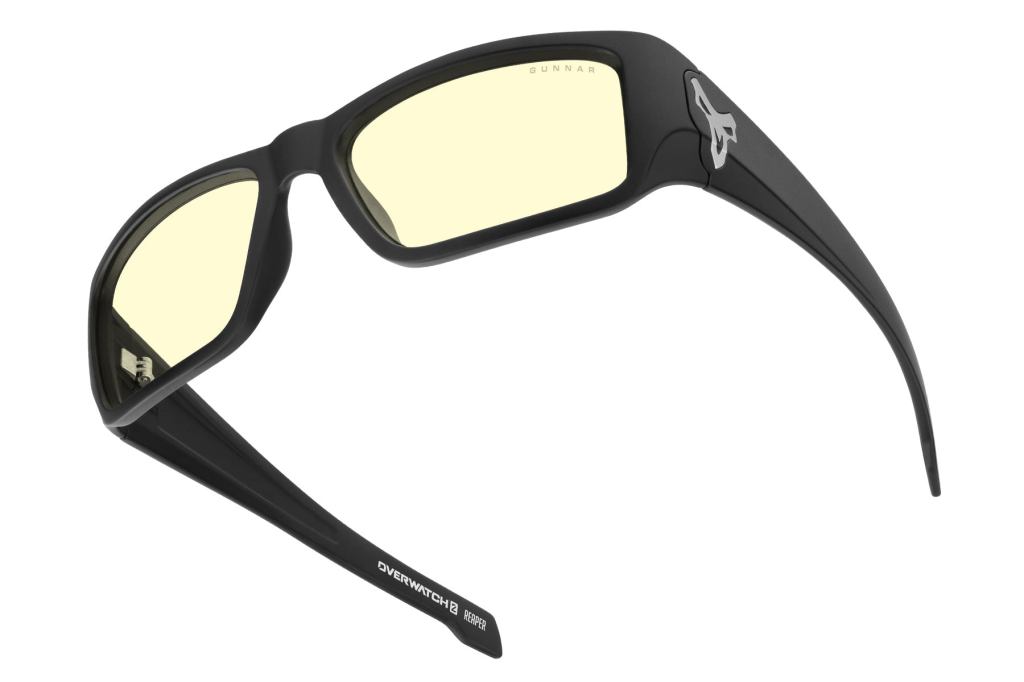 Side profile of matte black GUNNAR Reaper glasses showing the logo on the temple and amber lenses