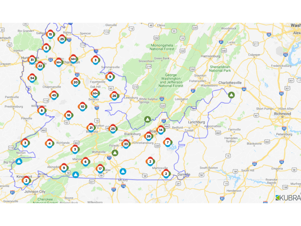 Map showing power outage reports across Southwest Virginia